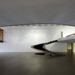 View of the sculptural staircase to the circular mezzanine