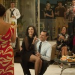 Megan Draper (Jessica Pare) and Don Draper (Jon Hamm) - (background) Rebecca Pryce (Embeth Davidtz) and Lane Pryce (Jared Harris) - (further back) Pete Campbell (Vincent Kartheiser) and Alison Brie (Trudy Campbell) - Mad Men - Season 5, Episode 1 - Photo Credit: Ron Jaffe/AMC